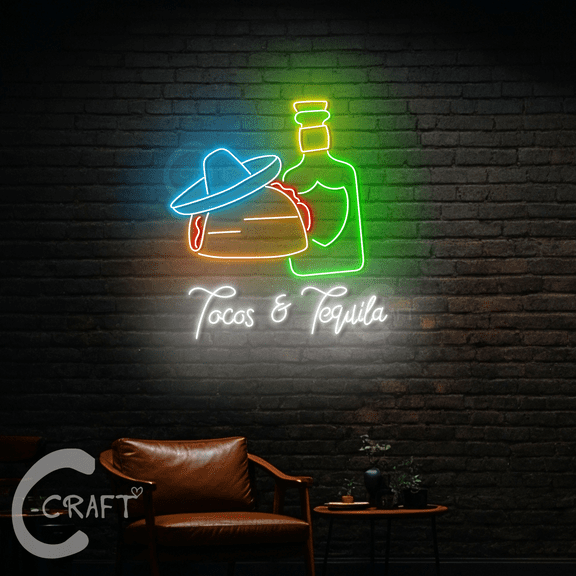 C-CRAFT Tacos & Tequila Neon Sign Led Light Up 38 inch for Mexican Restaurant & Bar Wall Art Decor