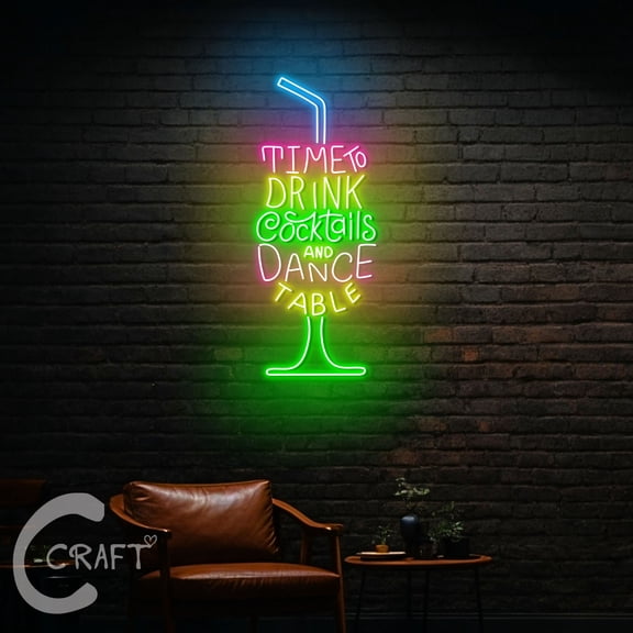 C-CRAFT Time To Drink Cocktail and Dance Table Neon Led Light Up 20 inch for Bar Pub Wall Decor