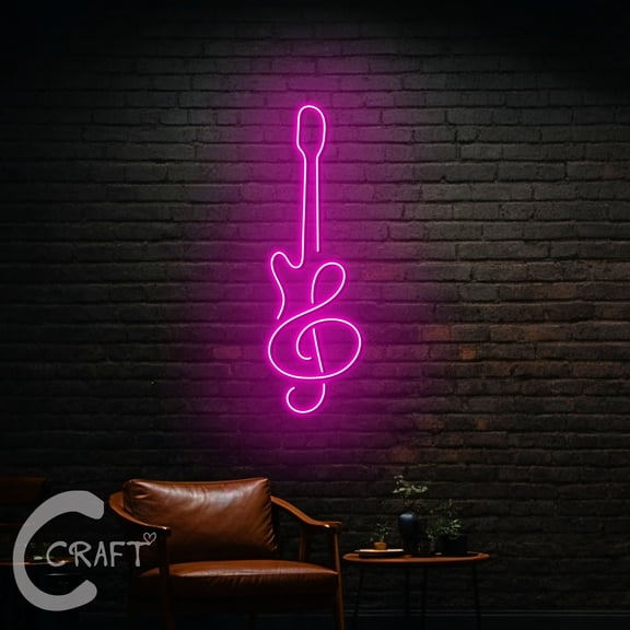 C-CRAFT Treble Clef Guitar Neon Led Light Up 20 inch for Music Home Bar Wall Decor