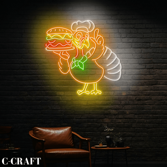 C-CRAFT Turkey Chef Burger Thanksgiving Neon Sign LED Light Acrylic Wall Decoration For Diner Decor