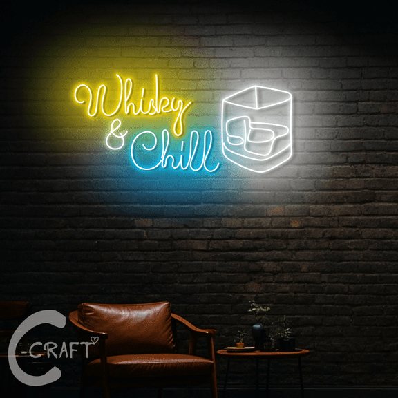 C-CRAFT Whiskey & Chill Neon Led Lights 20 inch for Whiskey Home Bar Decor