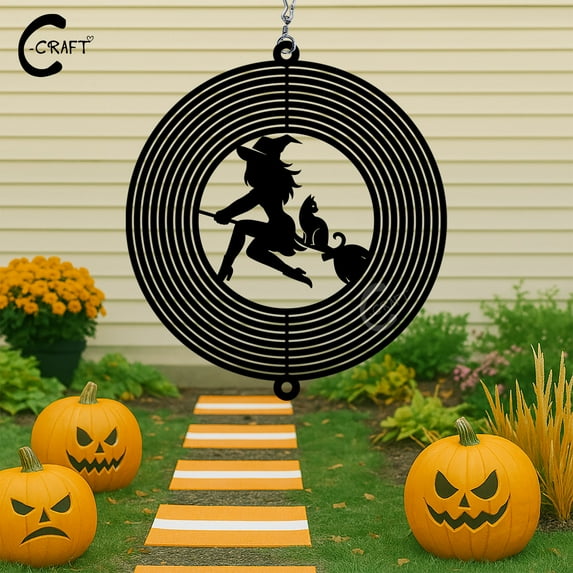 C-CRAFT Witch & Cat Wind Spinner 18 Inches, Front Porch Decoration with Adorable Design, Halloween Gift for Cat Lovers and Pet Owners