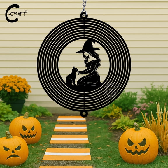 C-CRAFT Witch & Cat Wind Spinner 8 Inches, Metal Garden Decoration for Outdoor Halloween Party, Wizardess Lovers Gift, Witchy Home Decor