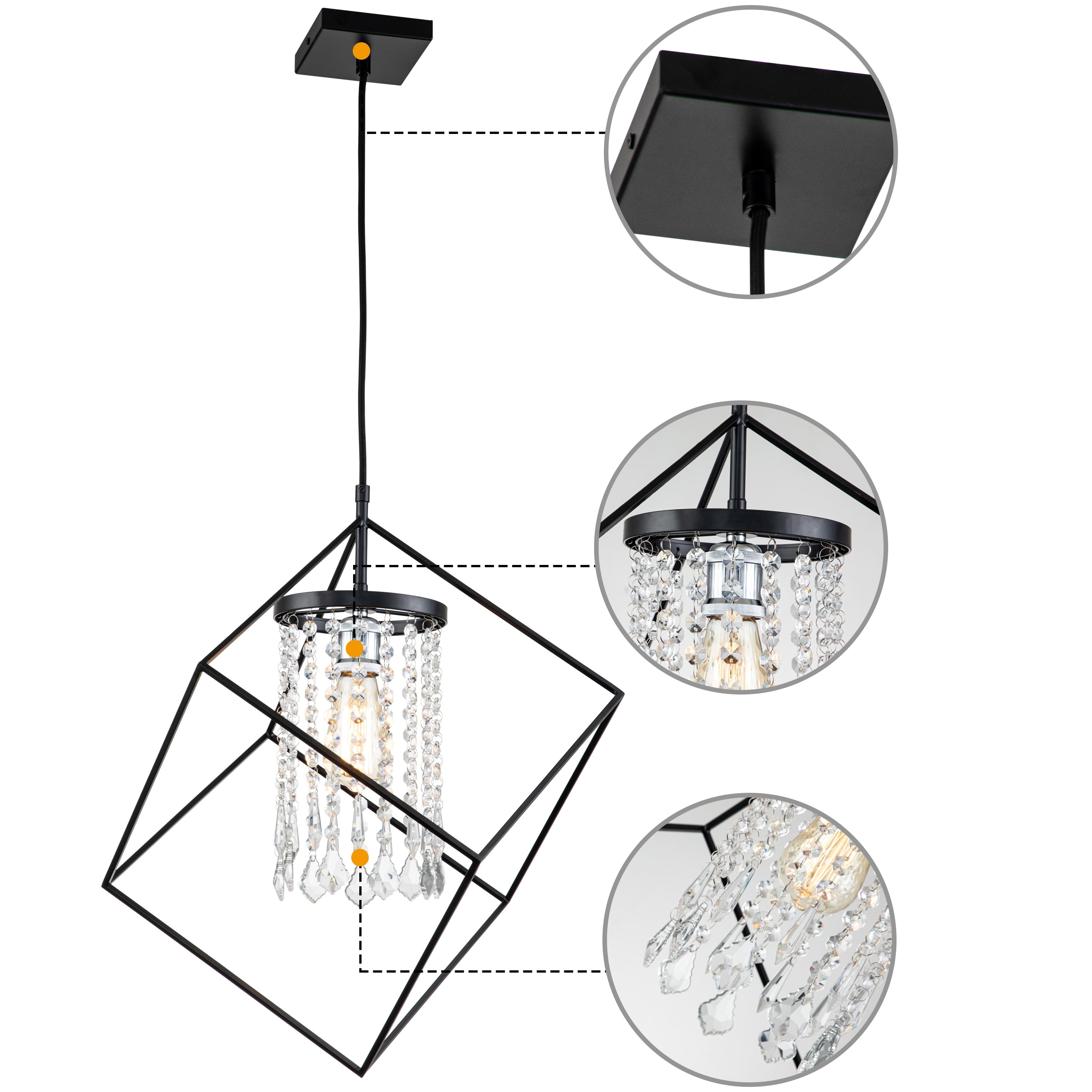 Black Cube Pendant Light with Crystal Beads Shade