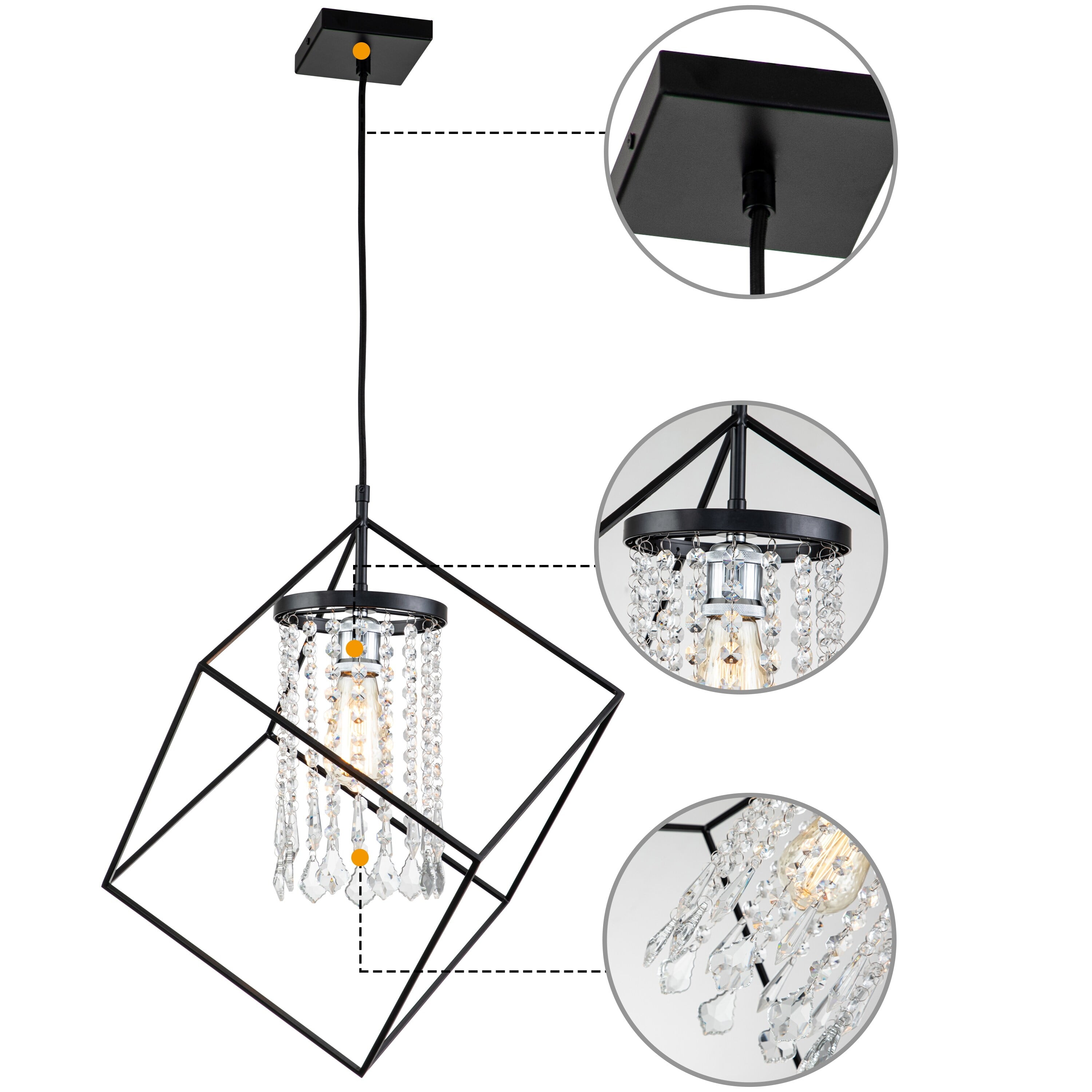 Black Cube Pendant Light with Crystal Beads Shade