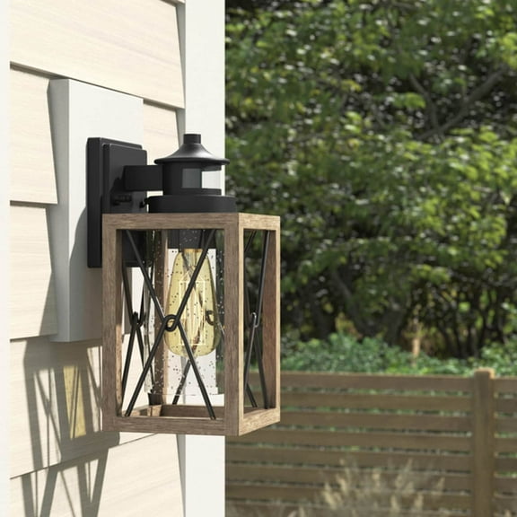 C Cattleya 1-Light Black and Faux Wood Motion Sensor Outdoor Wall Sconce - Black&Faux Wood