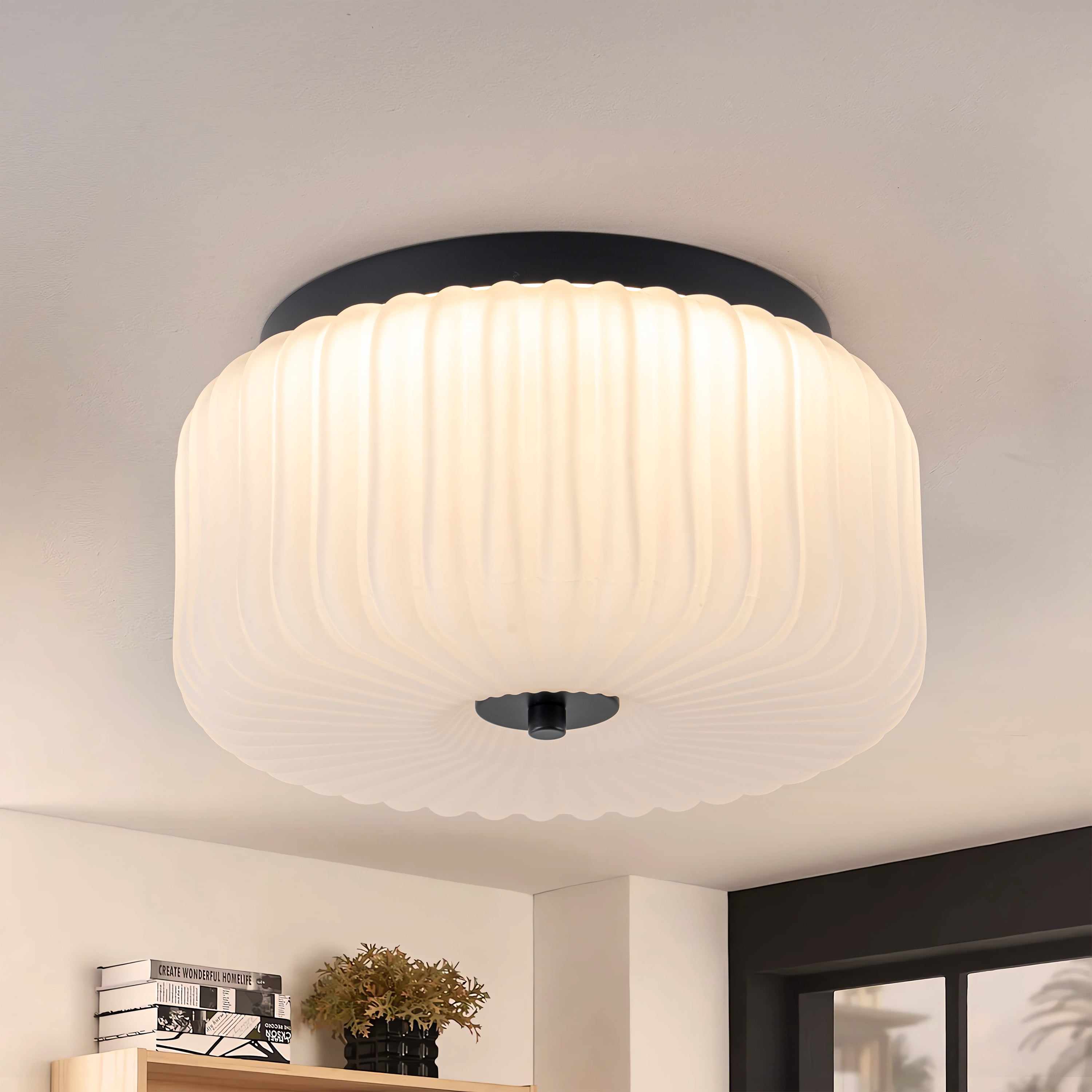 C Cattleya 10.75 in. Black Flush Mount Ceiling Light with White Ribbed Glass Shade