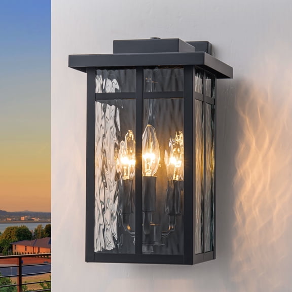 C Cattleya 13.5" 3-Light Matte Black Outdoor Wall Lantern Sconces with Water Ripple Glass