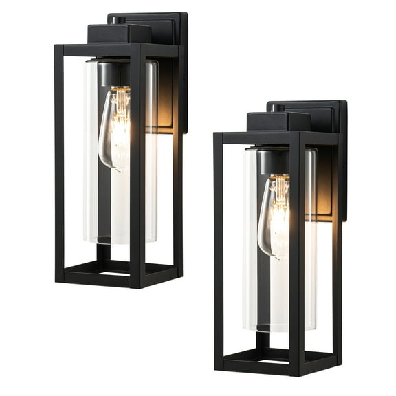 C Cattleya 14 in. 1-Light Matte Black Outdoor Wall Lantern Sconce with Cylinder Clear Glass Shade(2-Pack)