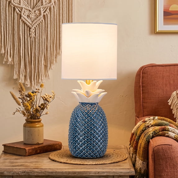 C Cattleya 16.25” Pineapple Ceramic Table Lamp with Linen Shade, Novelty Desk Lamp for Nightstand,Bedroom (Blue and White)