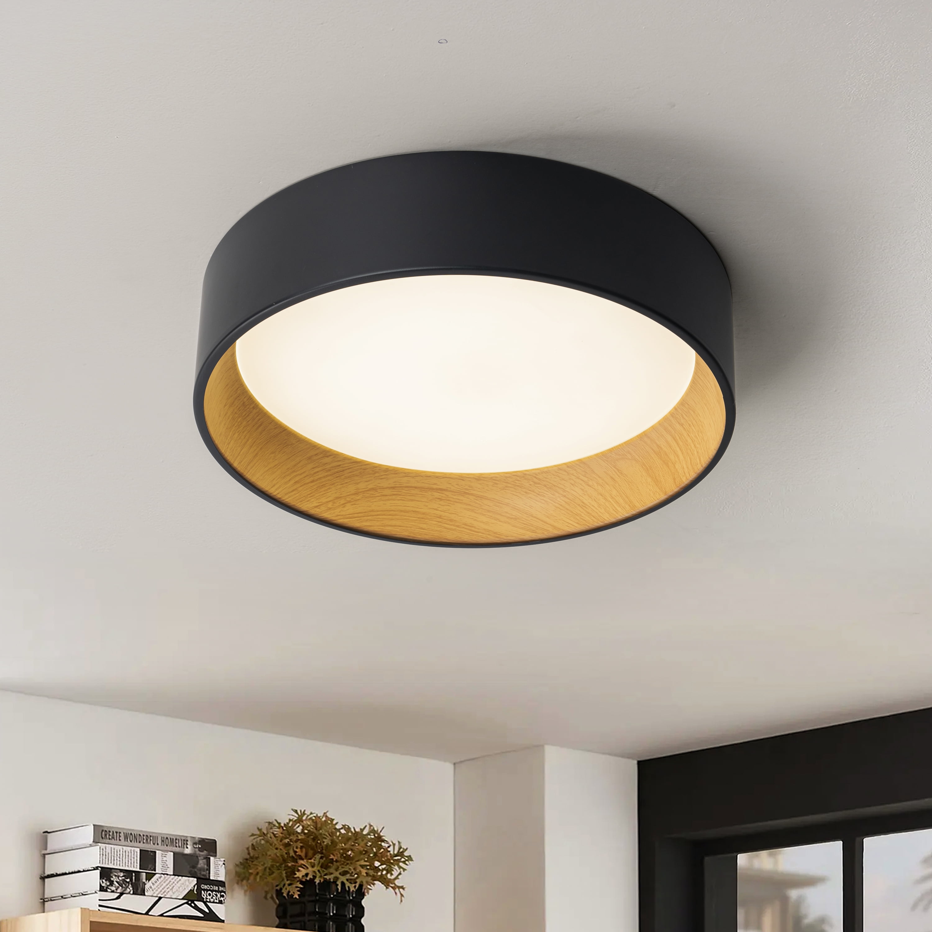 C Cattleya 16 in. Black and Wood Finish Dimmable 3000K 4000K 5000K LED Flush Mount Ceiling Light