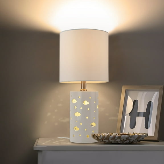 C Cattleya 17.5" 1-Light Starry Table Lamp with White Ceramic Base and TC Fabric Shade, 3 Lighting Modes for Bedroom