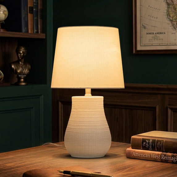 C Cattleya 19.25” Contemporary White Ceramic Table Lamp with Textured Base & Linen Shade