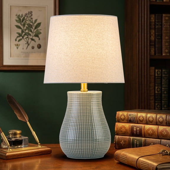 C Cattleya 19.25” Green Ceramic Table Lamp with Textured Base & Linen Shade