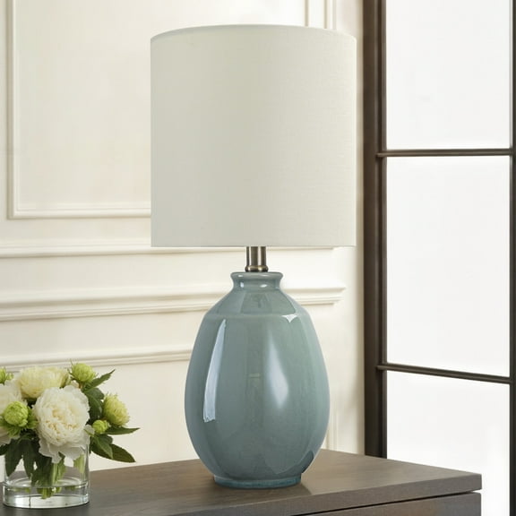 C Cattleya 19in. Celadon Green Crackle Glaze Ceramic Table Lamp with Yellow Linen Shade and Brass Finish Lamp Neck