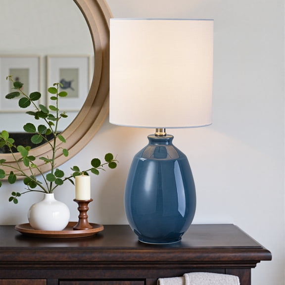 C Cattleya 19in. Cobalt Blue Crackle Glaze Ceramic Table Lamp with White Linen Shade and Brushed Nickel Lamp Neck