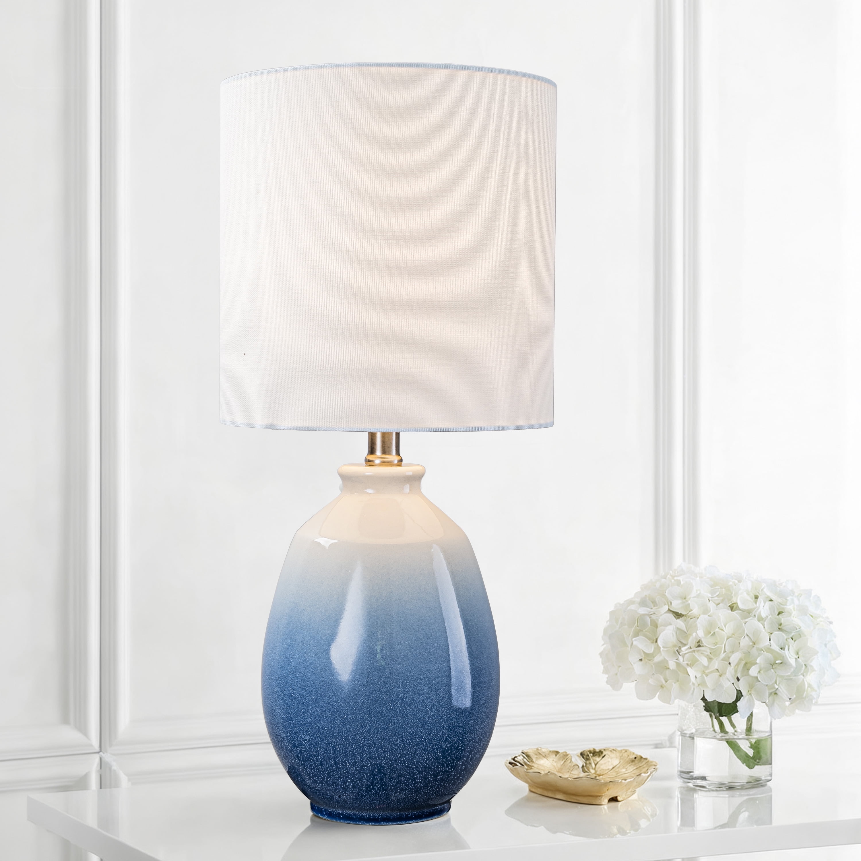C Cattleya 19in. Gradient Blue Ceramic Table Lamp with White Linen Shade and Brushed Nickel Lamp Neck