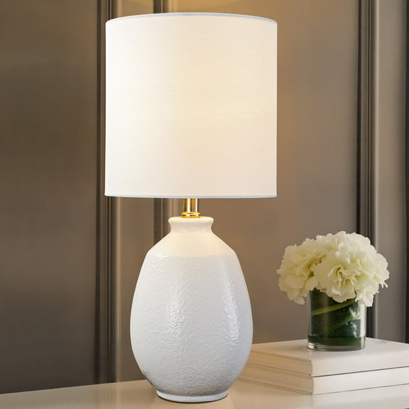 C Cattleya 19in. White Bubble Glaze Ceramic Table Lamp with White Linen Shade and Brushed Nickel Lamp Neck