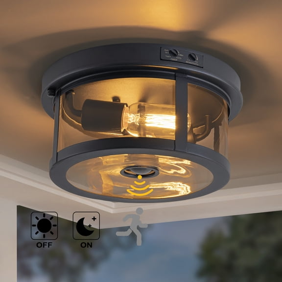 C Cattleya 2-Light Black Motion Sensor Dusk to Dawn Outdoor Flush Mount Ceiling Light with Clear Glass Shade