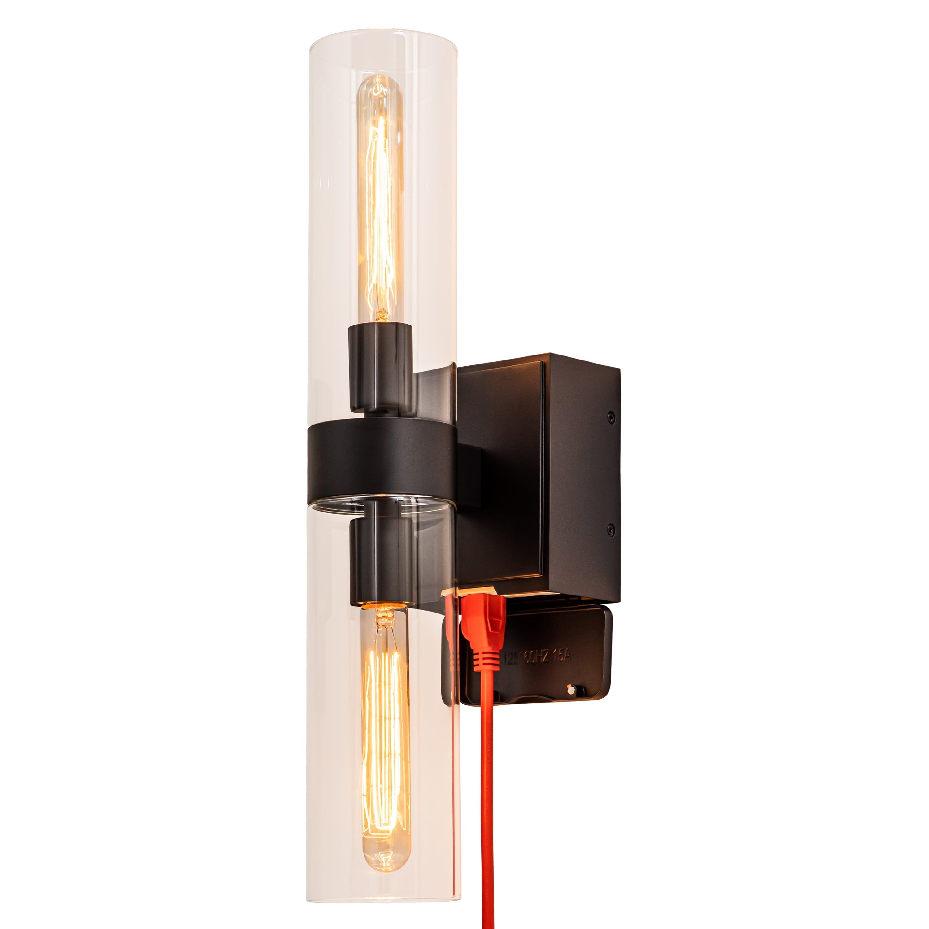 Black Cylinder Glass Wall Sconce with GFCI Outlet