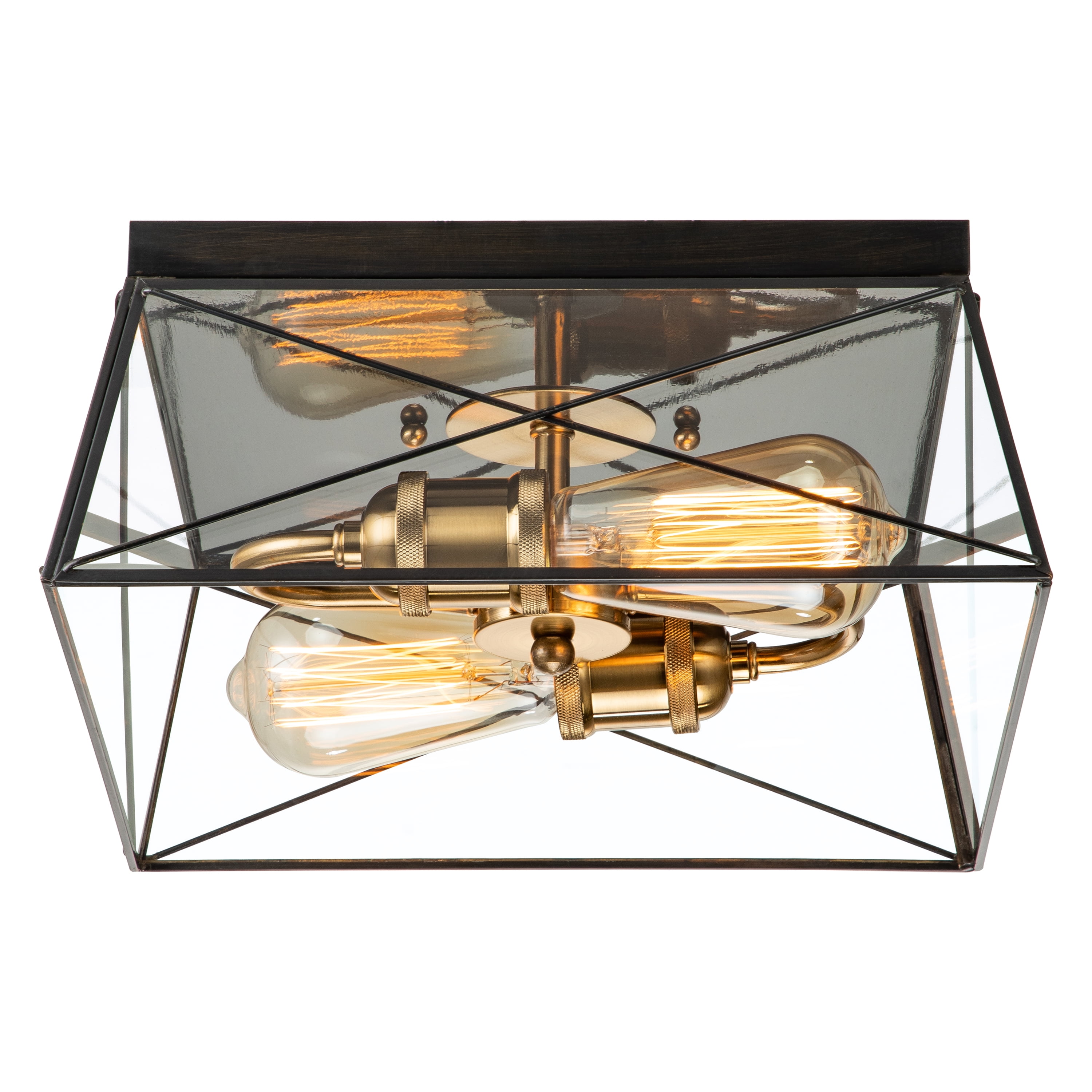 Modern Barn-Style Dark Bronze and Brass 11.75" Flush Mount with Clear Glass