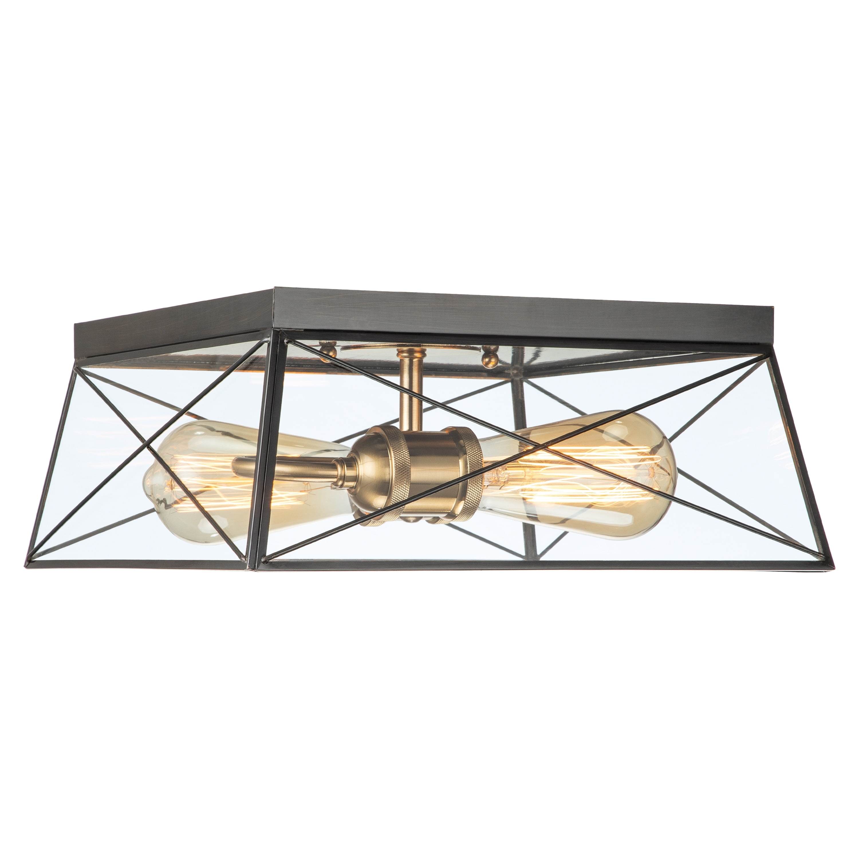 Modern Barn-Style Dark Bronze and Brass 11.75" Flush Mount with Clear Glass