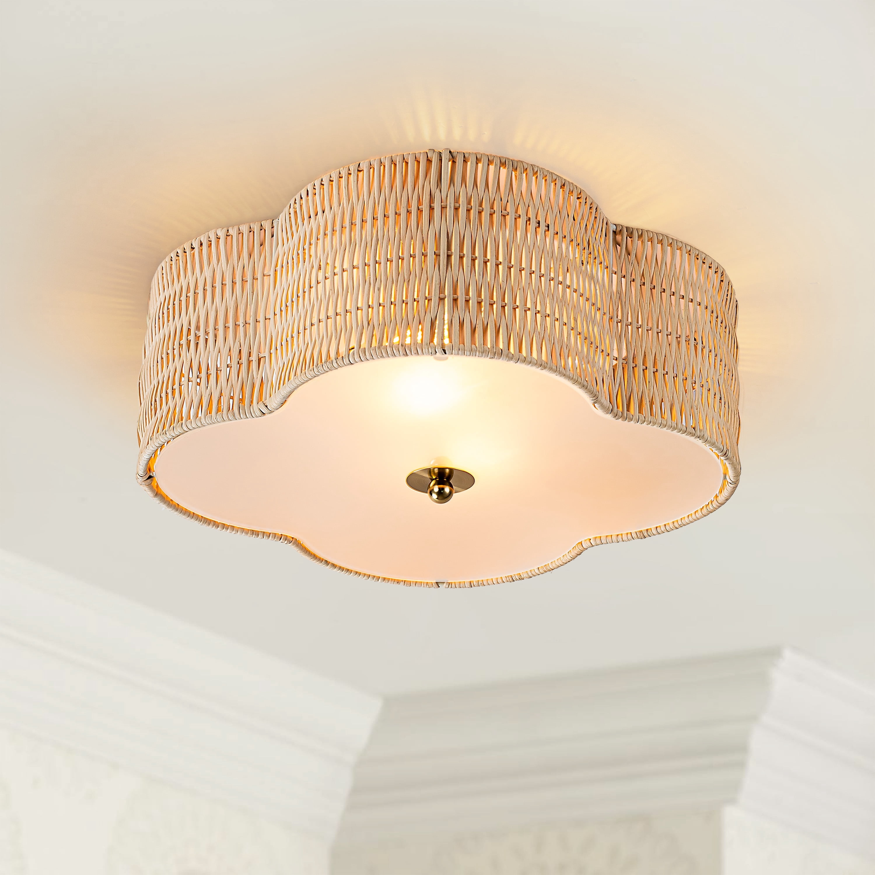 C Cattleya 2-Light Farmhouse Rattan Ceiling Flush Mount with Glass Bottom for Bedroom,Entrance,Island(E26)