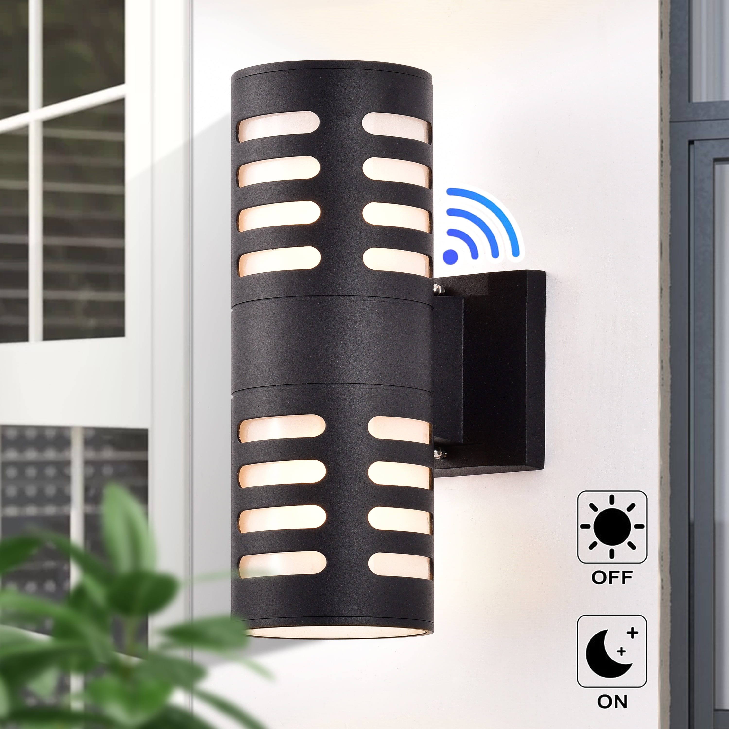C Cattleya 2-Light Matte Black Dusk to Dawn Cylinder Outdoor Wall Light Sconce