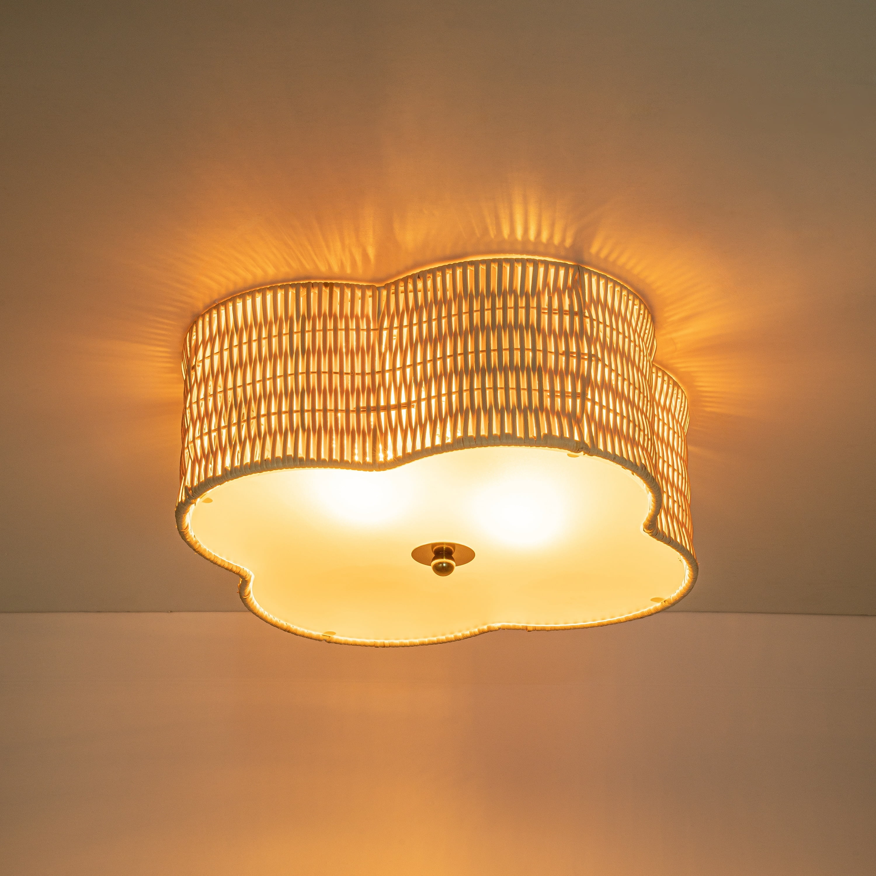 Gold and Rattan 2-Light Flush Mount Ceiling Fixture with Glass Diffuser