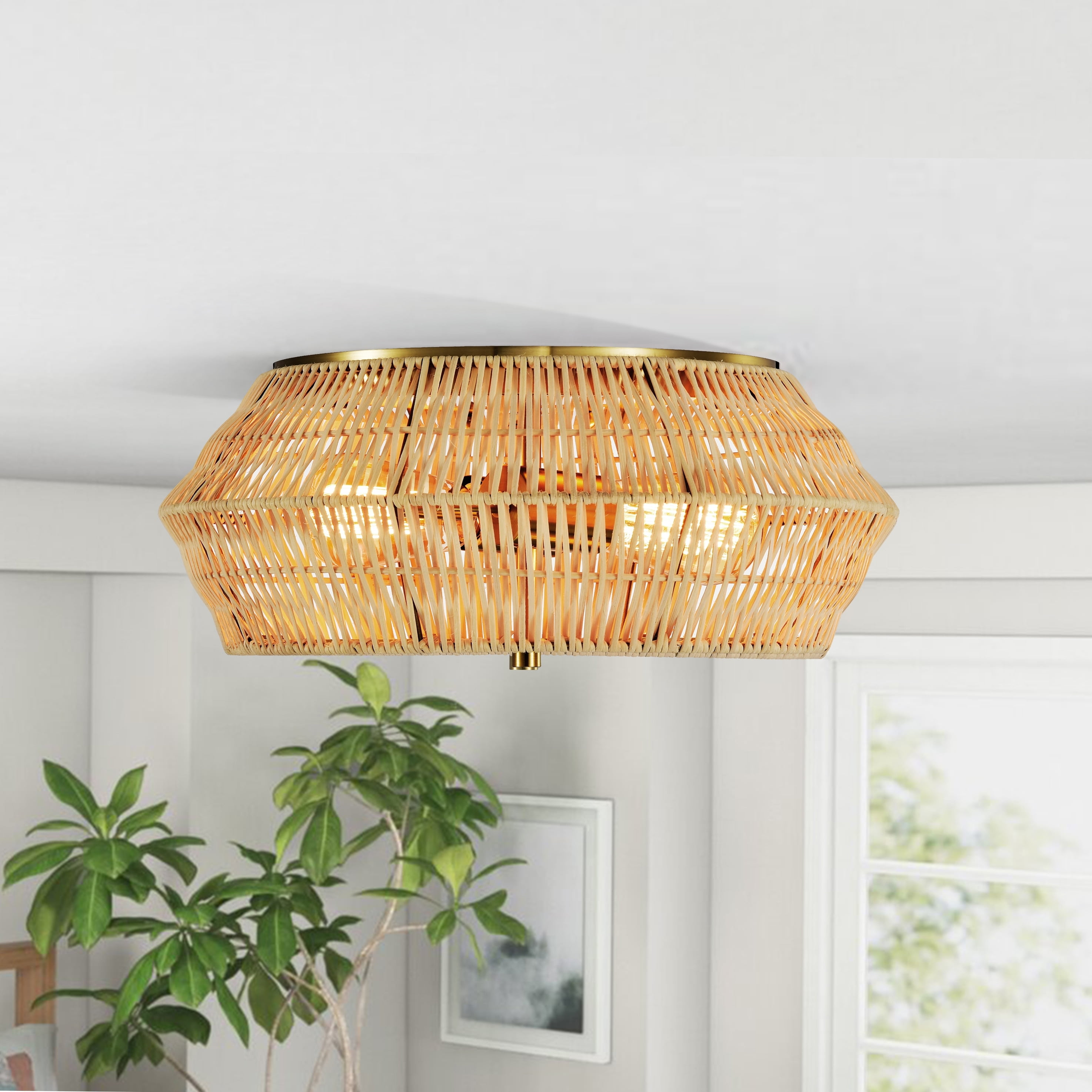 Vintage Brass and Natural Rattan Geometric Cage Flush Mount Light