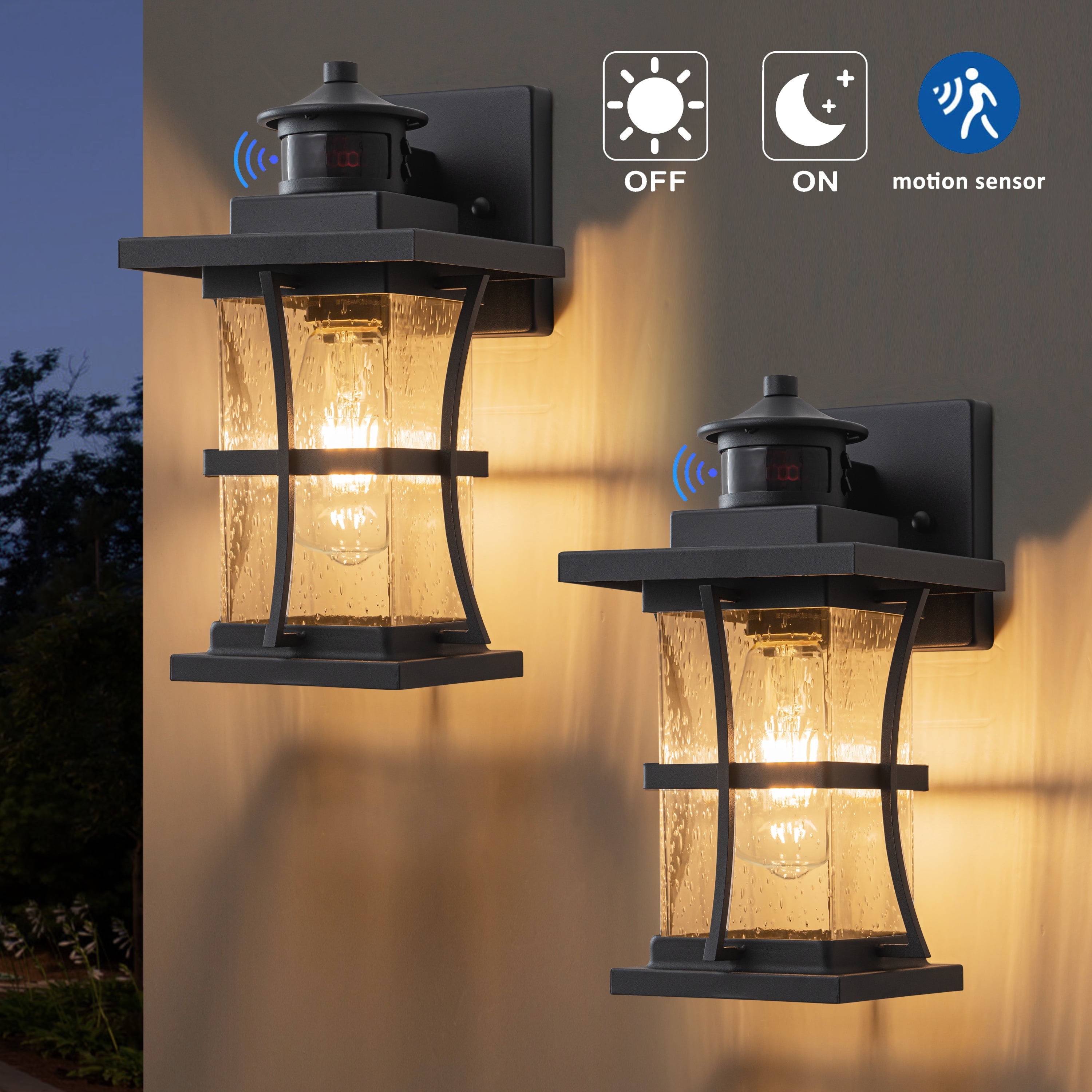 C Cattleya 2-Pack 11.25in. Motion Sensor Outdoor Wall Sconce, Dusk to Dawn Exterior Light Fixtures with Seeded Glass