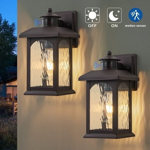 C Cattleya 2-Pack 12in. Oil Rubbed Bronze Motion Sensor & Dusk to Dawn Outdoor Wall Lantern with Water Ripple Glass