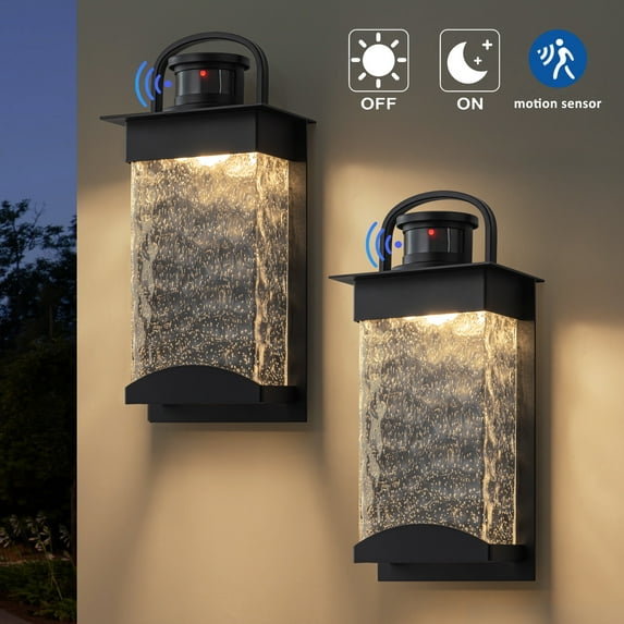C Cattleya 2-Pack Black Motion Sensor Dusk to Dawn Outdoor Wall Lantern Sconce with Bubbled Water Glass