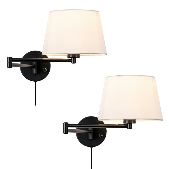 C Cattleya 2-Pack Indoor Wall Light with Linen Shade Black Finish Swing Arm Wall Light Plug-In/Hardwired