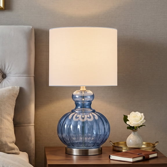 C Cattleya 20.25” Blue Gourd Table Lamp with Glass Base and White Fabric Shade