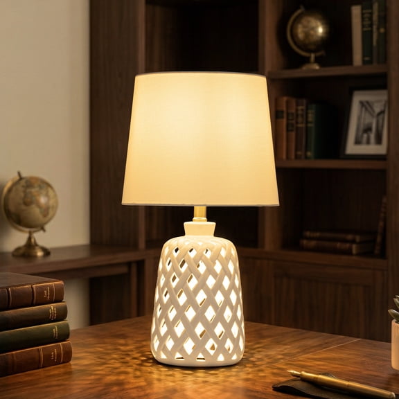 C Cattleya 20" Modern White Ceramic Table Lamp with Hollow Cut-Out Base, 3-Way Rotary Switch & Fabric Shade