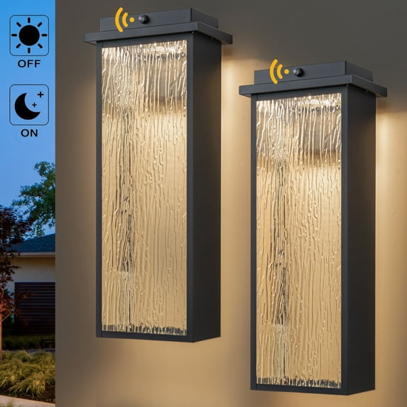 C Cattleya 20in. Matte Black Dusk to Dawn LED Outdoor Wall Lantern Sconces with Ripple Tempered Glass(2-Pack)