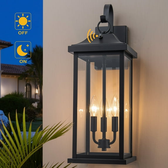 C Cattleya 22” Large Matte Black Dusk to Dawn Outdoor Wall Lights With Clear Tempered Glass