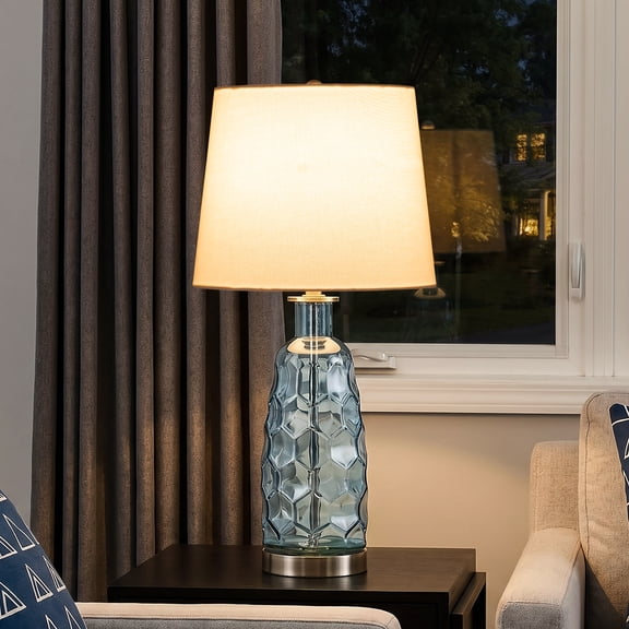 C Cattleya 23.5” Blue Glass Table Lamp with Textured Base and White Fabric Shade
