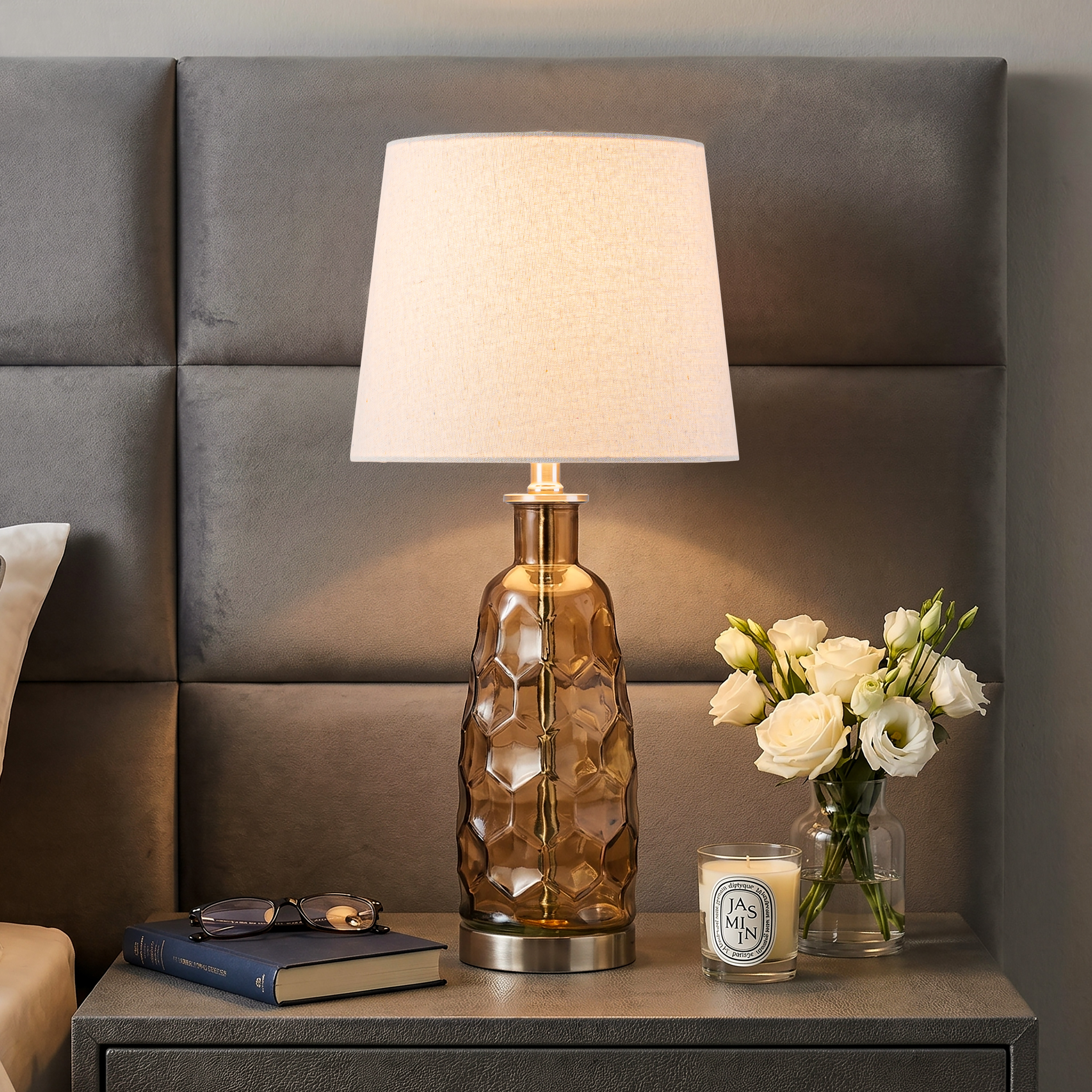 C Cattleya 23.5” Brown Glass Table Lamp with Textured Base and Linen Shade