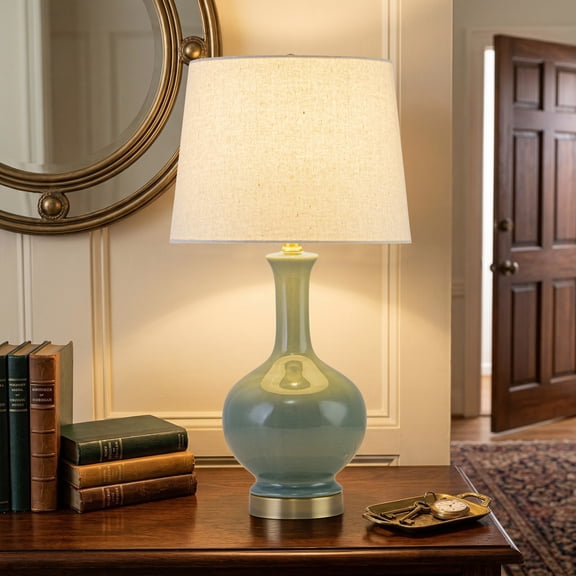 C Cattleya 23inch Green Crackle Ceramic Table Lamp with Linen Shade and Antique Brass Base