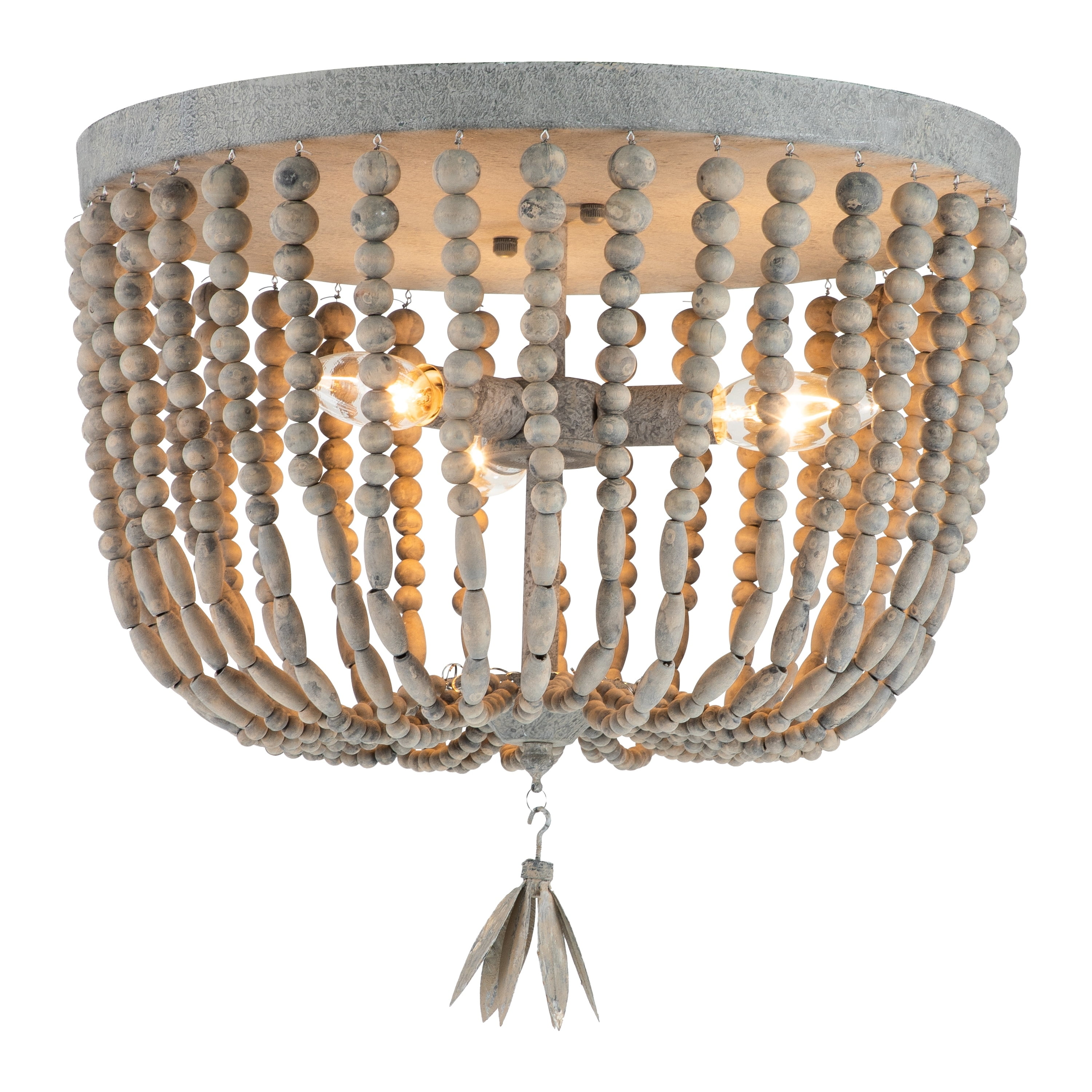 Vintage Gray Wood Beaded 3-Light Flush Mount Ceiling Fixture