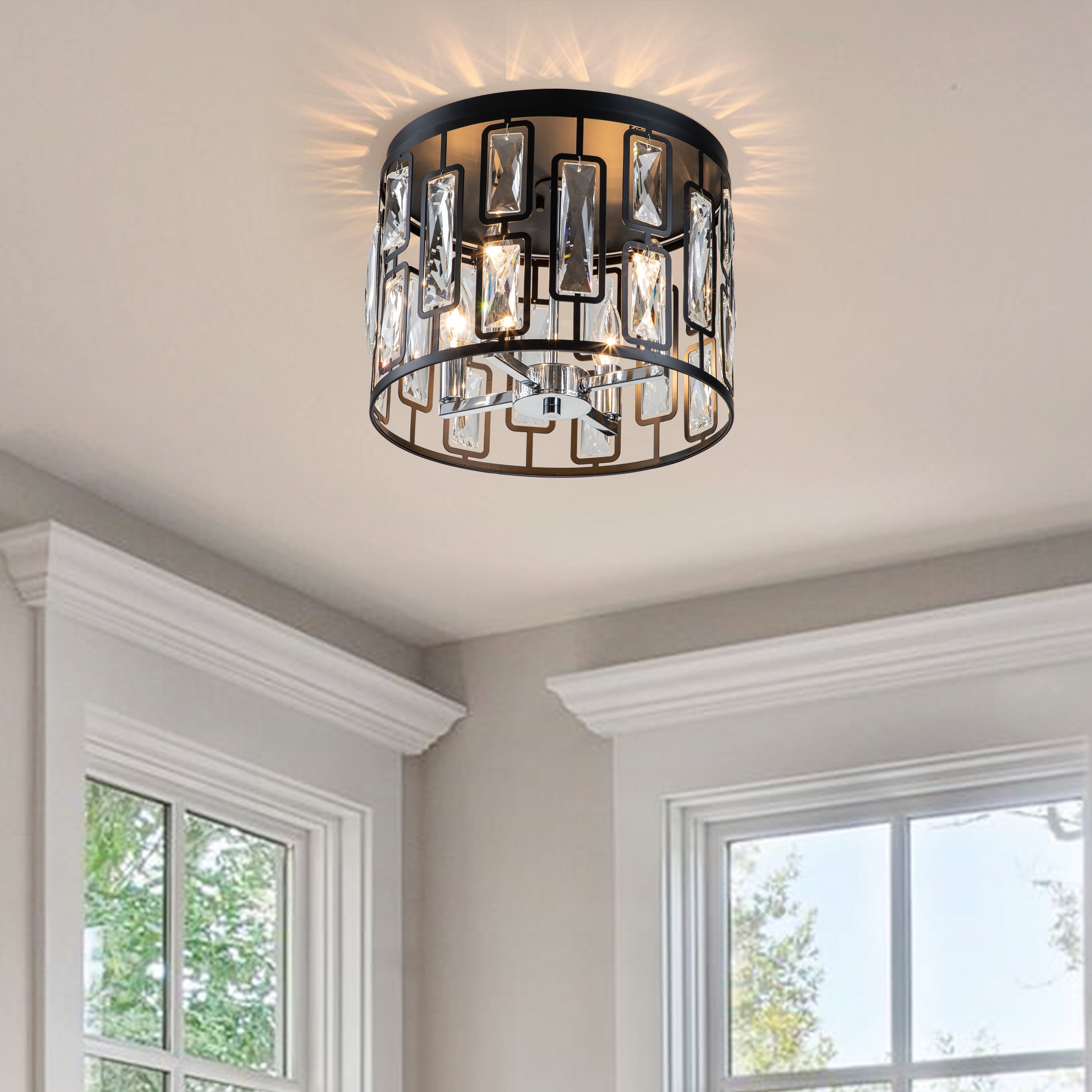 Matte Black Drum Flush Mount with Clear Crystals