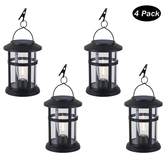 C Cattleya 4-Pack Black Outdoor Hanging Solar Lantern with Bulb-style Integrated LED and Clip