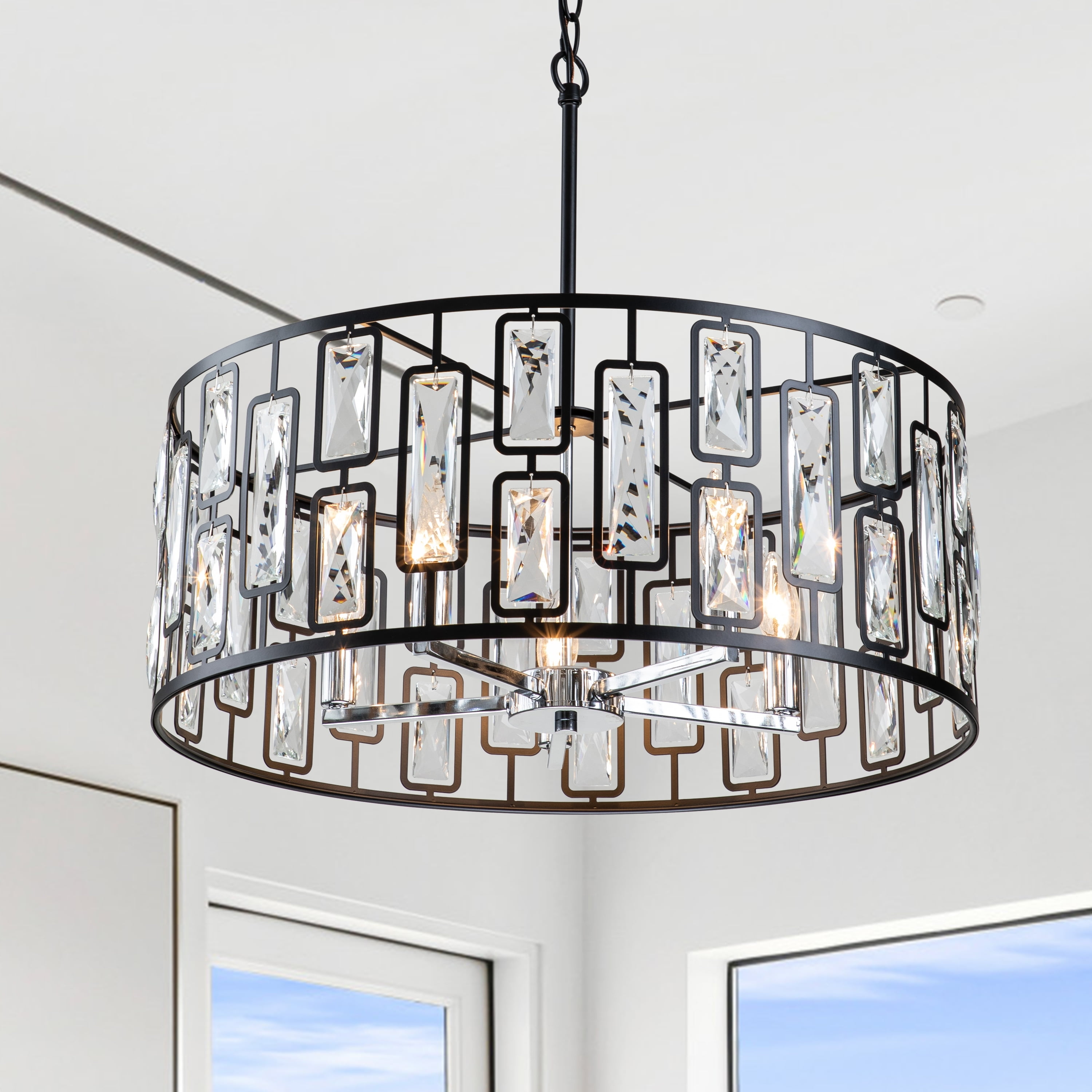 Black and Chrome Crystal Drum Chandelier with Faceted Accents