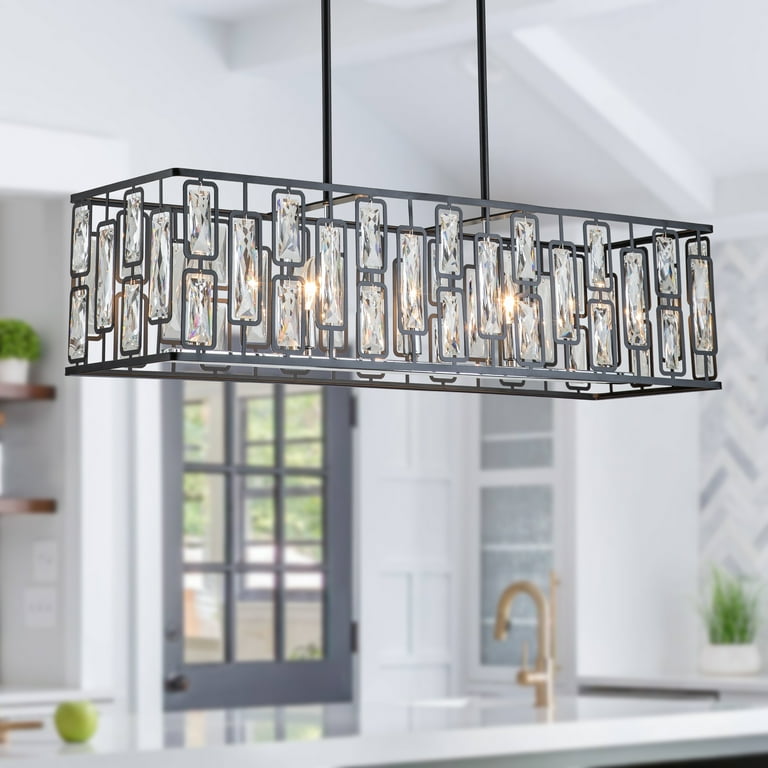 C Cattleya 5 Light Black Rectangular Island Chandelier with Faceted Crystals