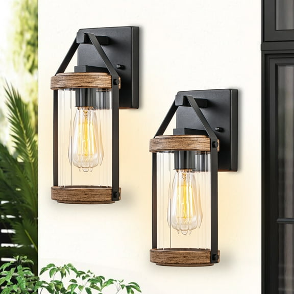 C Cattleya Black and Woodgrain Outdoor Wall Lantern Sconces with Clear Strip Glass Shade(2-Pack)