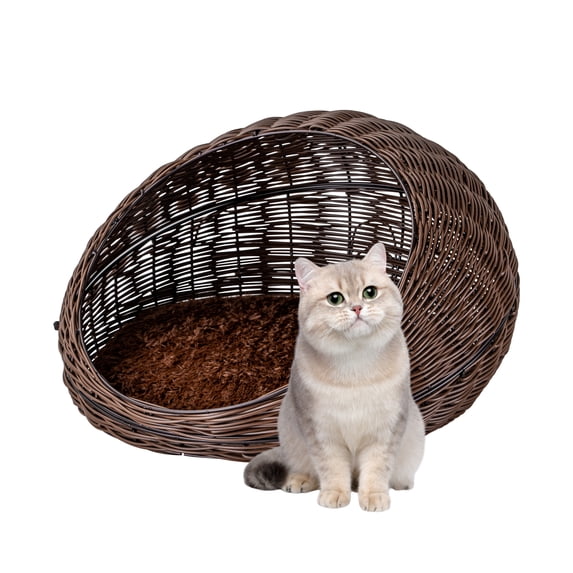 C Cattleya Cat Houses for Outdoor Cats, Hand-Woven Faux Rattan Cat Beds for Indoor Cats, Washable Cat Condo Cave with Soft Cushion