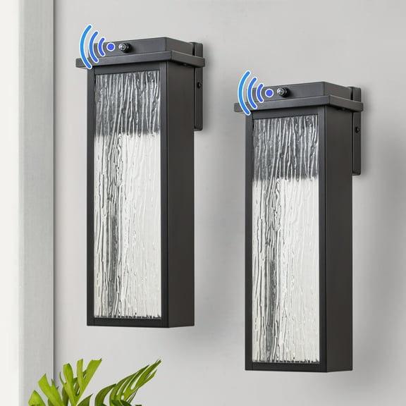 C Cattleya Matte Black Dusk to Dawn LED Outdoor Wall Light with Ripple Tempered Glass Shade(2-Pack)