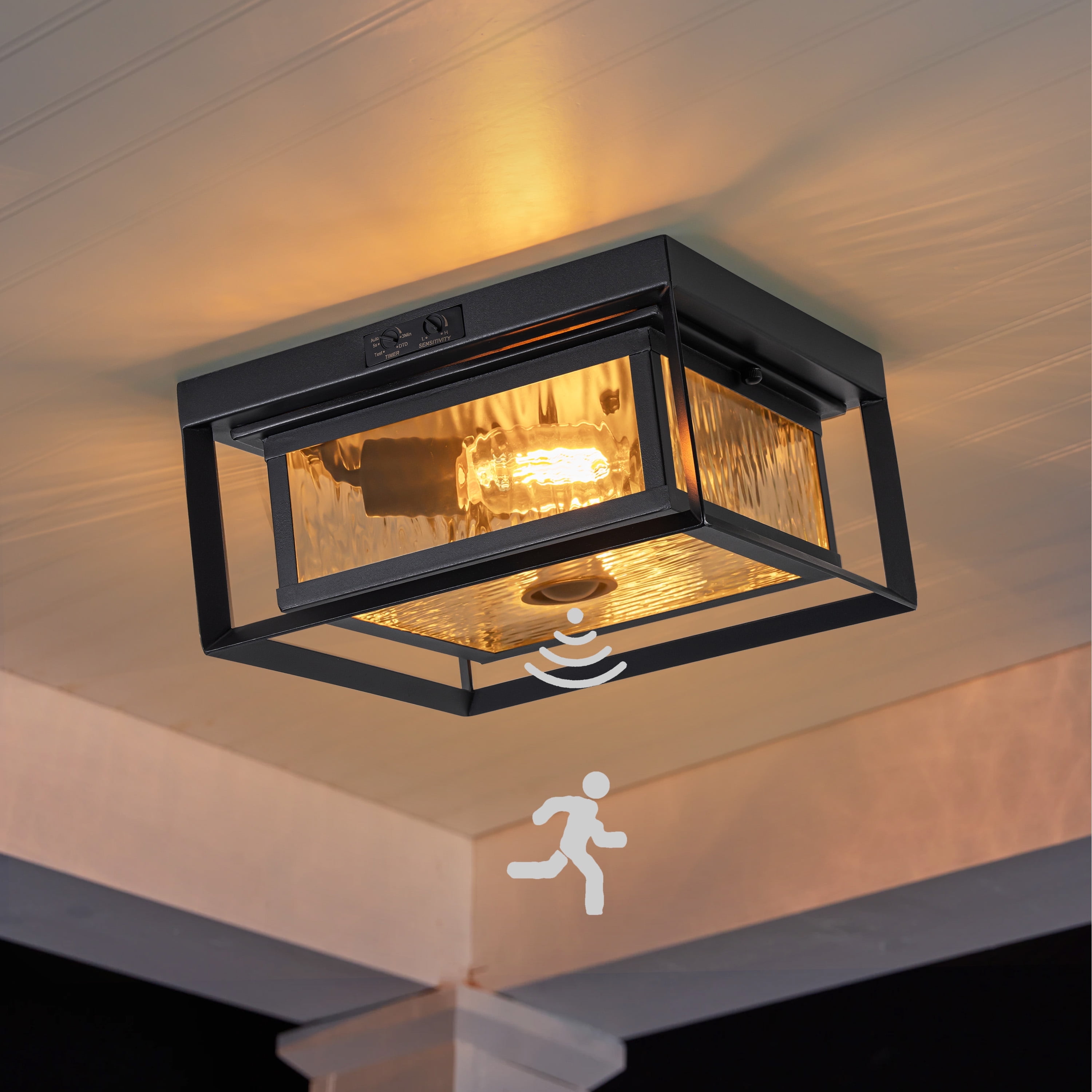 C Cattleya Motion Sensor Dusk to Dawn Outdoor Flush Mount Ceiling Light with Clear Water Glass Shade